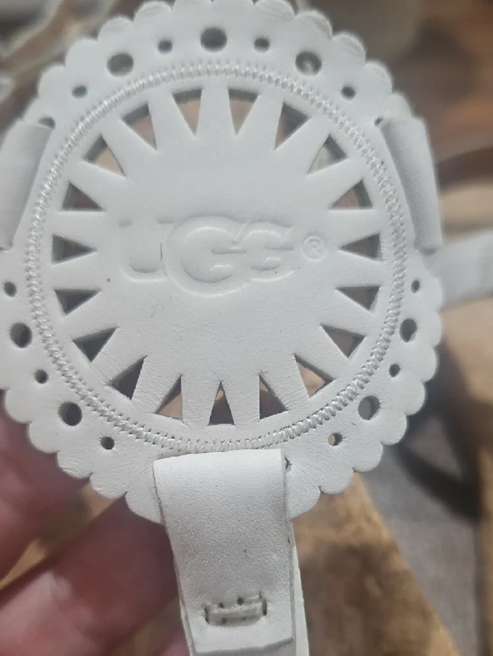 UGG White Leather Cork Thong Sandals with Medallion
